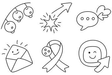 Fun and playful icons featuring bells, starburst, speech bubbles, envelope, ribbon, and smiling character express joy