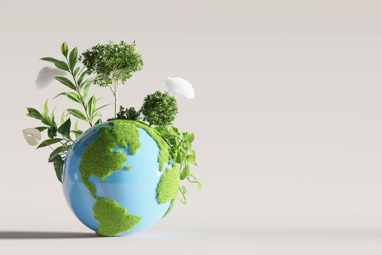 Lush green vegetation growing on a blue earth globe. Earth Day. 3d rendering