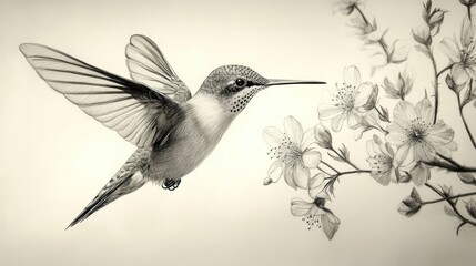 Fototapeta premium Hummingbird in flight near blossoms