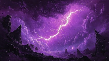 Dramatic purple thunderstorm over jagged rocky landscape with intense lightning and dark stormy clouds