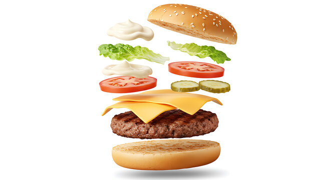 Exploded Burger Isolated on White Background. American food