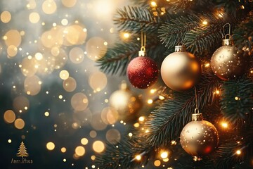 Close-up of a festive pine tree branch decorated with red and gold Christmas baubles and warm glowing fairy lights creating a cozy holiday atmosphere