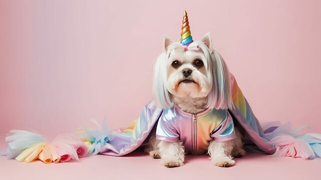 Adorable fluffy white dog with rainbow unicorn horn and iridescent cape sitting on pink backdrop.