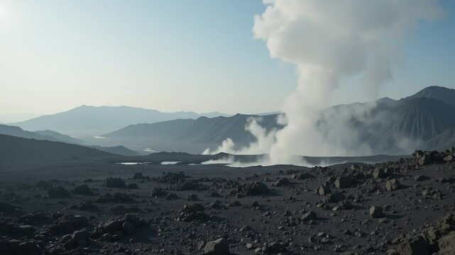 Volcanic Landscape with Steam and Mountains
