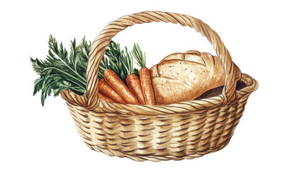 illustration wicker basket containing  fresh carrots and bread on white background