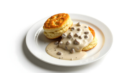 biscuits and sausage gravy on a clean white background