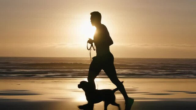 Sunset Silhouette: A lone figure and loyal dog share a moment of joy during an evening run along the seashore, bathed in the warm glow of the setting sun.