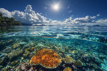 Fototapeta premium A stunning view of a coral reef teeming with colorful marine life, seen through crystal-clear water under a bright sunlit sky.