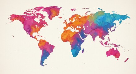 Watercolor world map vibrant continents