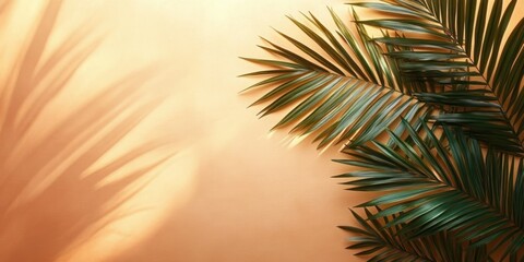 Close-up of green palm leaves casting soft shadows on warm beige wall with light and shadow play creating calming atmosphere