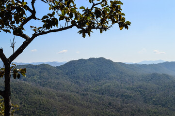 Distant Mountains and Forest with Trees and Sky in Northern Thailand.