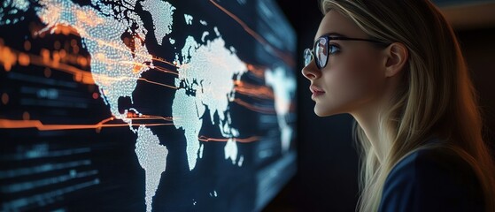 Focused woman wearing glasses analyzing a digital illuminated world map with data connections and network points on a large screen in a dark room