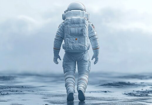 An astronaut in full space suit walking on a barren, rocky, and foggy surface with a cloudy sky in the background, evoking solitude and exploration