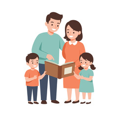 Young family looking at a photo album together in a cheerful setting  