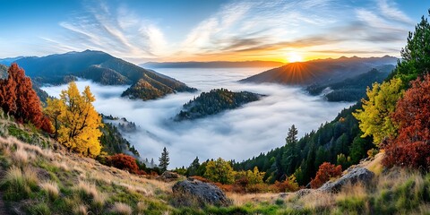 Obraz premium Sunrise over misty mountains nature landscape scenic viewpoint autumn colors tranquil environment