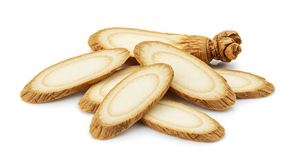 Sliced American Ginseng Root isolated on white background. American food