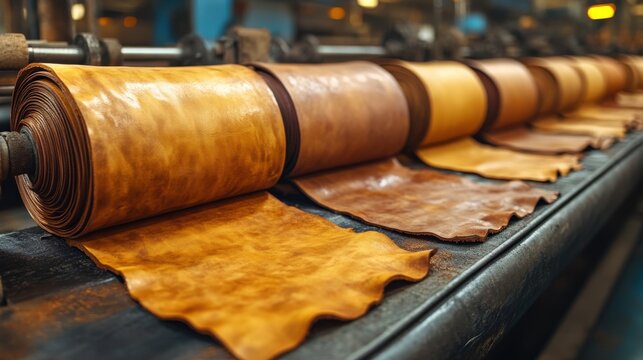 Industrial leather production process with fiery brown hues and textured rolls