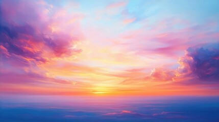 Vibrant and colorful sunrise with dramatic clouds in shades of pink, purple, orange, and blue creating a serene and uplifting atmosphere over a calm horizon