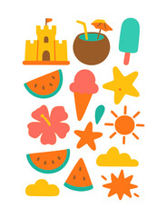 Abstract modern vector sea ocean vacation elements, Colorful vector set of abstract summer doodles, Hand drawn Matisse ocean collection, Set of cute summer icons, tropical palm leaves, fruits, food, 