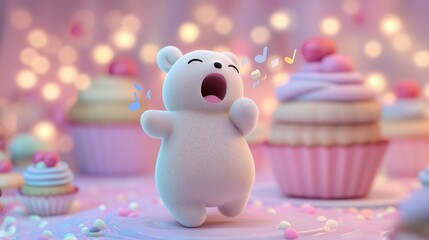 Kawaii 3D Bear singing on cupcake world