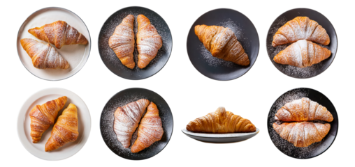 Delicious Croissants on Plates Displayed in an Artistic Arrangement, Isolated on Transparent, white background