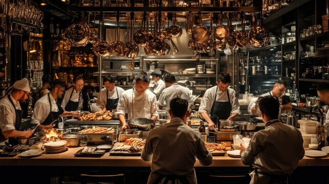 Team of chefs cooking in restaurant kitchen culinary food preparation - Powered by Adobe