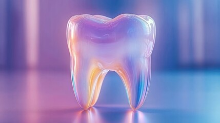 Close-up of a shiny, translucent tooth with iridescent colors on a smooth reflective surface emitting a calm and futuristic vibe