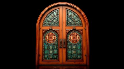 Obraz premium Ornate wooden double doors with stained glass
