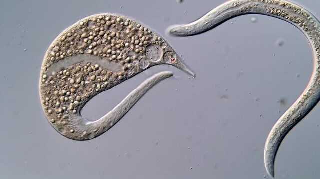 Movement of freshwater dileptus and nematode under DIC microscope, 400x magnification 