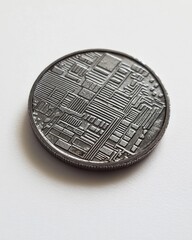 Cryptocurrency coin showing circuit pattern on white background. Use for finance or tech concepts