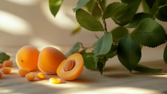 A close up of a table with a few apricots and a leaf. The apricots are cut in half and the leaf is on the table