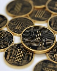 Cryptocurrency coins on white background used for finance, investment or blockchain technology