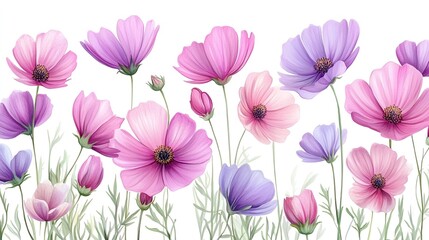 A collection of vibrant pink and purple cosmos flowers, dancing in the breeze with their delicate petals and slender green stems, surrounded by fresh spring greenery. 