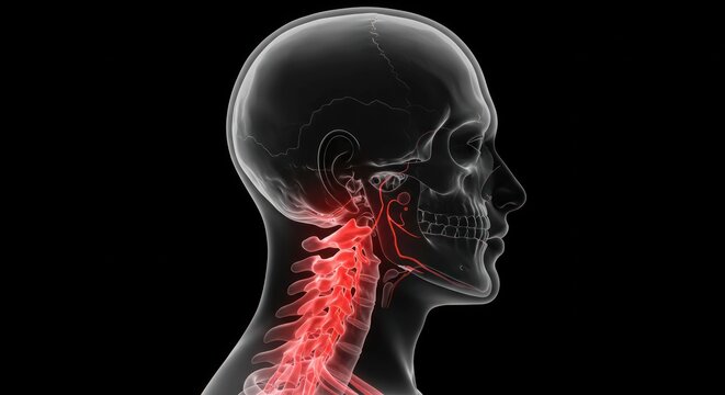 Neck pain anatomical illustration.  Detailed view of the human neck, highlighting the spinal column and blood vessels, with highlighted areas of pain or inflammation