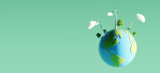 Sustainable Earth, Globe with wind turbines, trees, and clouds on a mint green background. 3d rendering