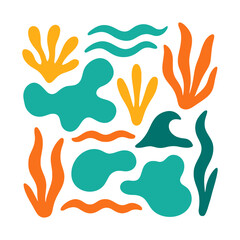 Obraz premium Abstract modern vector sea ocean vacation elements, Colorful vector set of abstract summer doodles, Hand drawn Matisse ocean collection, Set of cute summer icons, tropical palm leaves, fruits, food, 