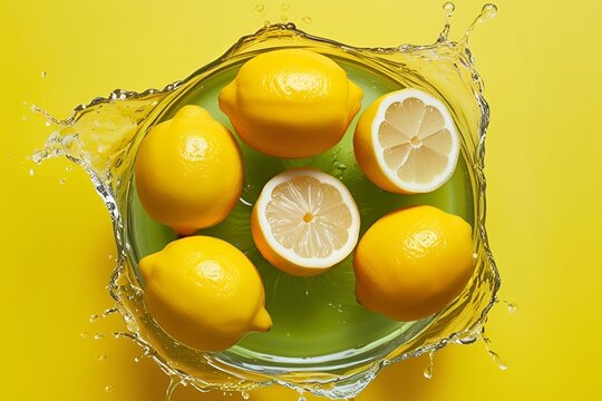 lemon with water splash isolated on yellow background