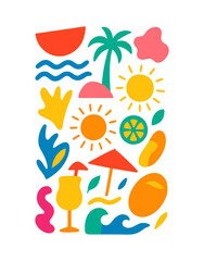 Abstract modern vector sea ocean vacation elements, Colorful vector set of abstract summer doodles, Hand drawn Matisse ocean collection, Set of cute summer icons, tropical palm leaves, fruits, food, 