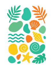 Abstract modern vector sea ocean vacation elements, Colorful vector set of abstract summer doodles, Hand drawn Matisse ocean collection, Set of cute summer icons, tropical palm leaves, fruits, food, 