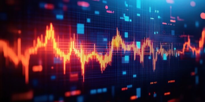 Vibrant digital graph with fluctuating orange line chart on blue background depicting data analysis and financial trends