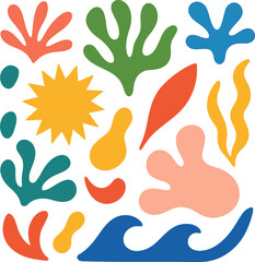 Naklejka premium Abstract modern vector sea ocean vacation elements, Colorful vector set of abstract summer doodles, Hand drawn Matisse ocean collection, Set of cute summer icons, tropical palm leaves, fruits, food, 
