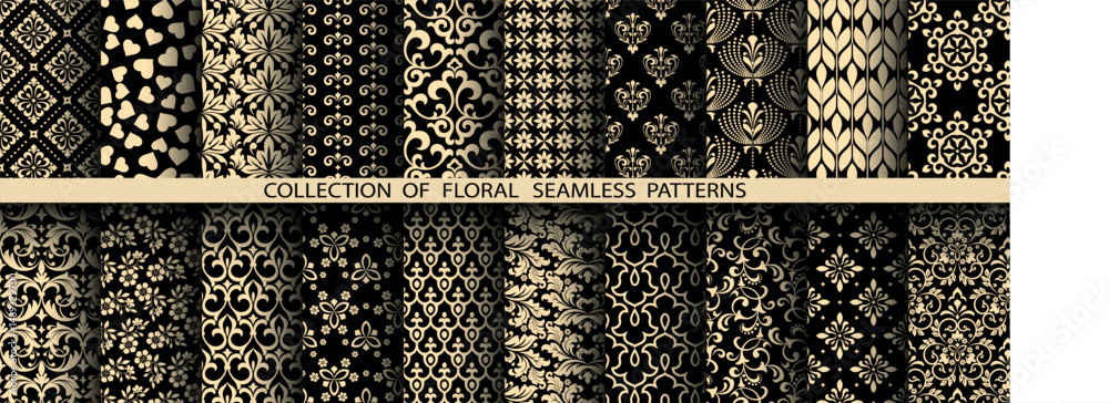 Poster geometric floral set of seamless patterns. golden and black vector backgrounds. damask graphic ornam