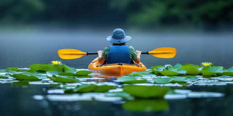 Kayaking Adventure Concept A person kayaking through a serene, lily-covered lake in misty surroundings.