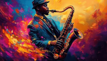 Obraz premium Colorful artistic painting of a man wearing a hat and suit playing a saxophone surrounded by vibrant swirls of orange, purple, pink, and blue hues expressing passion and music