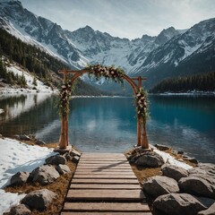 Wooden wedding arch by snowy lake and mountain peaks