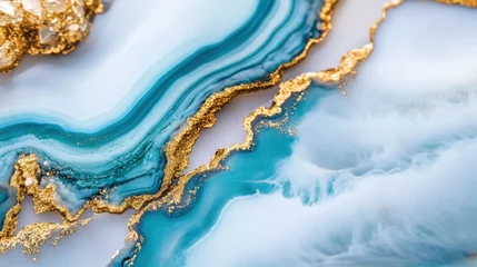 Abstract fluid painting in shades of icy blue and dusty white with gold flecks flowing across