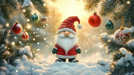 Obraz premium Small gnome figurine dressed in red Christmas attire standing on snow surrounded by snow-covered pine branches and colorful hanging ornaments in warm glowing light