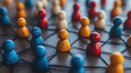 Close-up of interconnected wooden figurines in blue, red, and natural wood colors representing a network or social connections