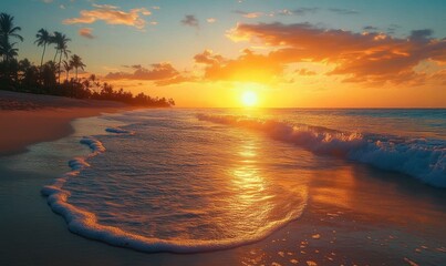 Golden sunset over a tropical beach with gentle waves rolling onto the shore and silhouetted palm trees under a partly cloudy sky