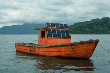 Obraz premium environmental conservation wildlife protection habitat restoration. Solar-powered boat used in coastal wildlife monitoring expedition